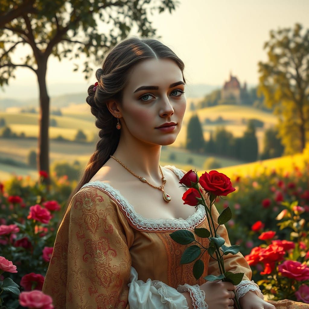 Woman in Renaissance Gown in Lush Garden