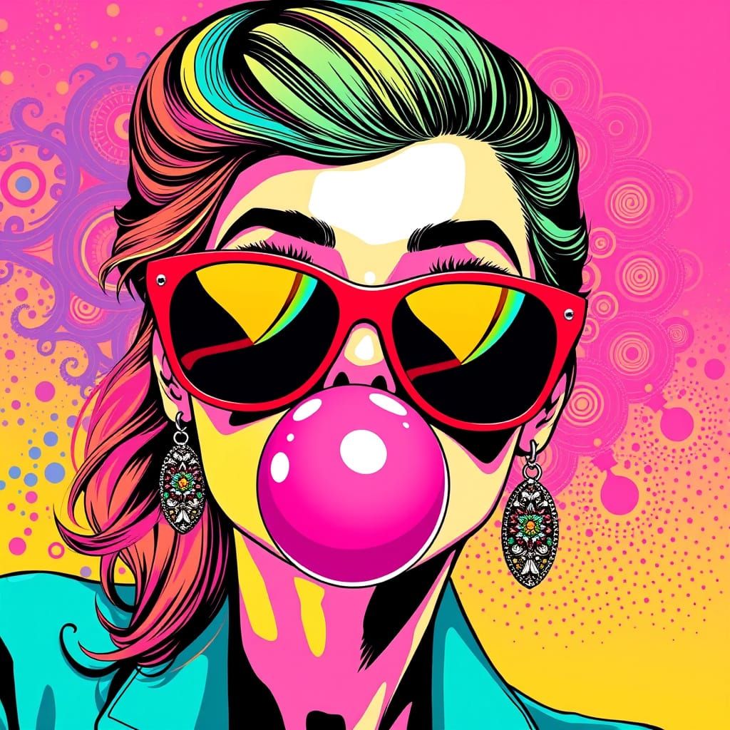 Vibrant Pop Art Illustration of a Stylish Woman Popping Bubb...