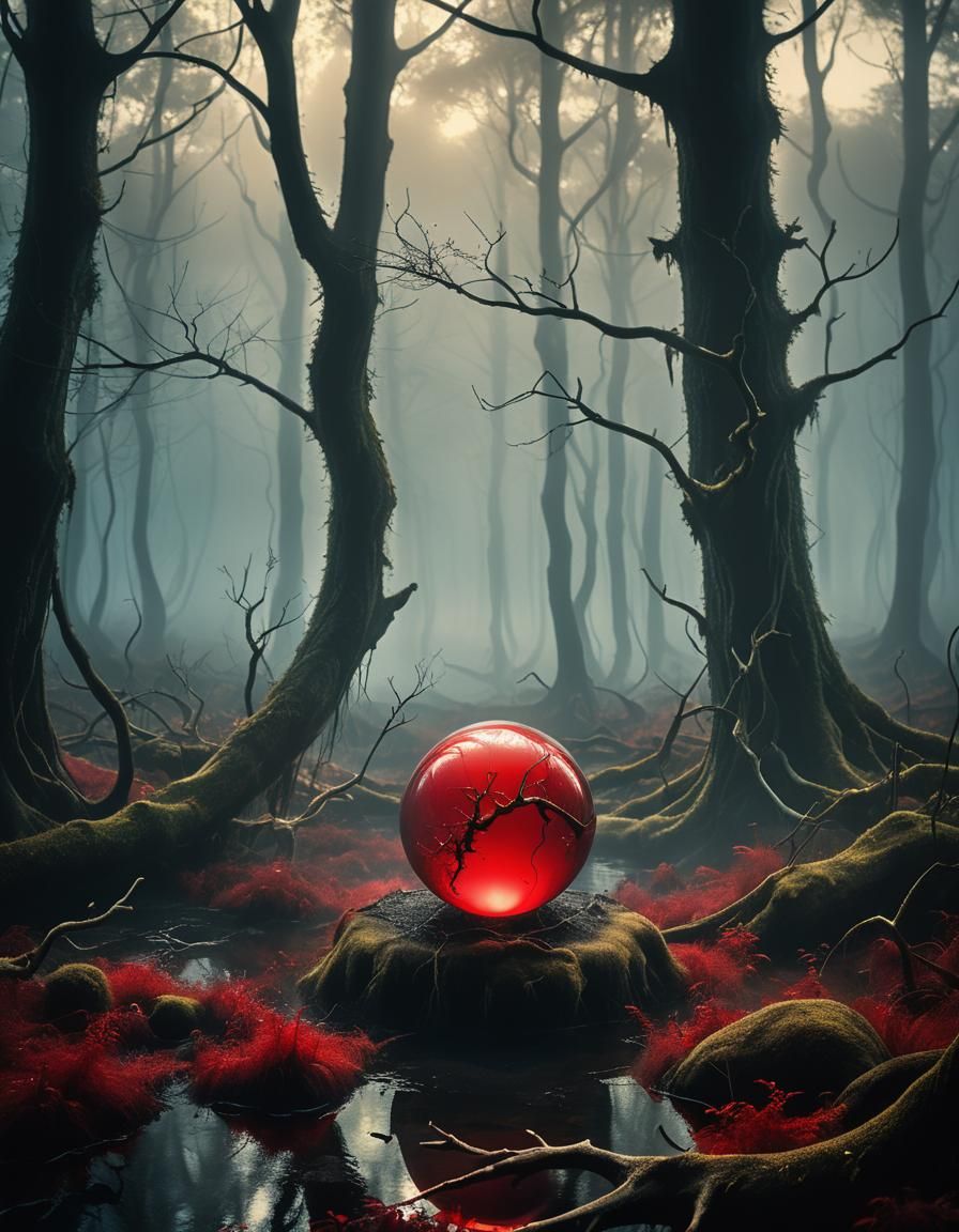 Red Sphere in Misty Forest: a Surrealist Vision