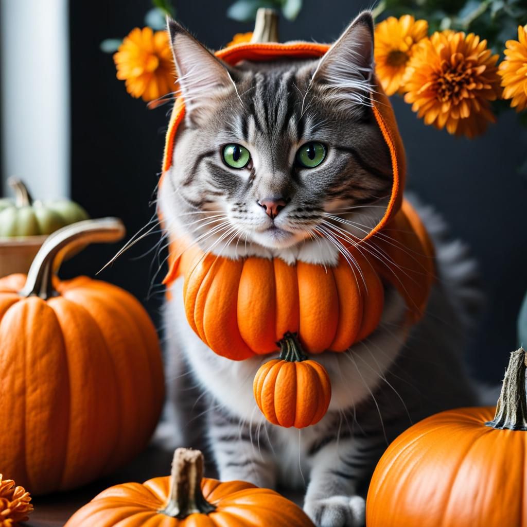 Gray Siberian Cat in Pumpkin Costume