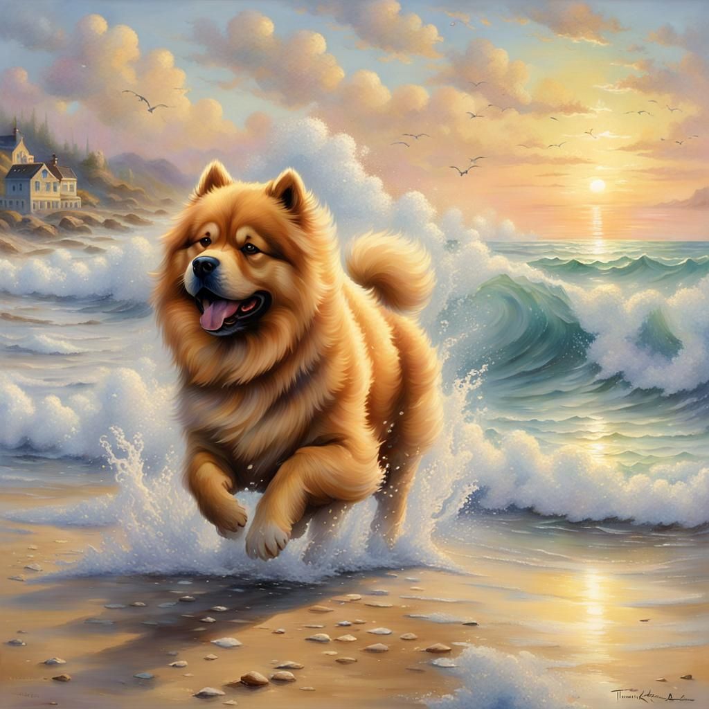 Chow Dog Running on Beach in Ethereal Fantasy Style