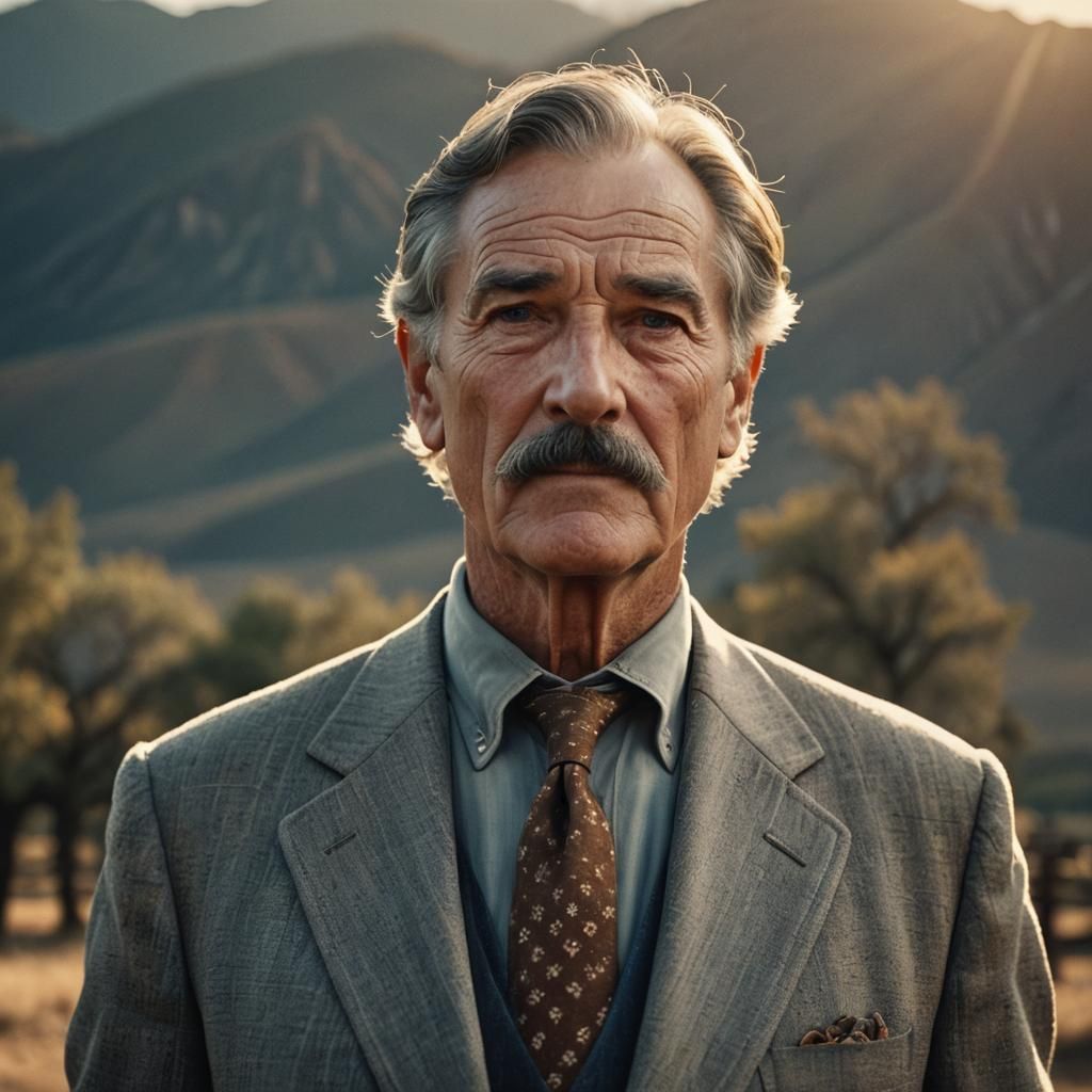 Cinematic Portrait of Elderly Rancher in Gray Suit