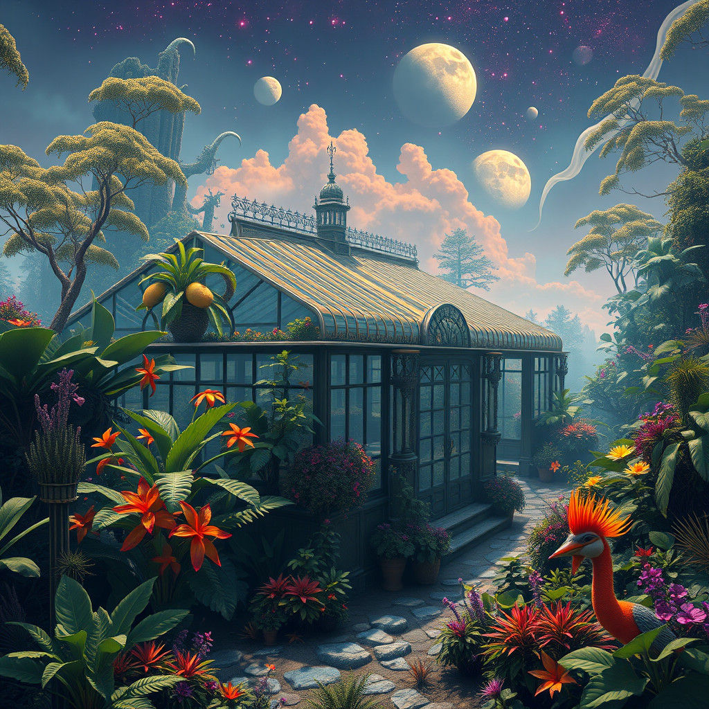 Mystical Greenhouse with Exotic Flora in Surreal Landscape