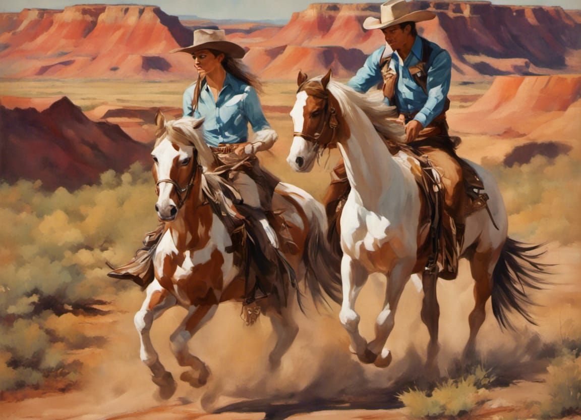 Cowboy and cowgirl riding on pinto horse