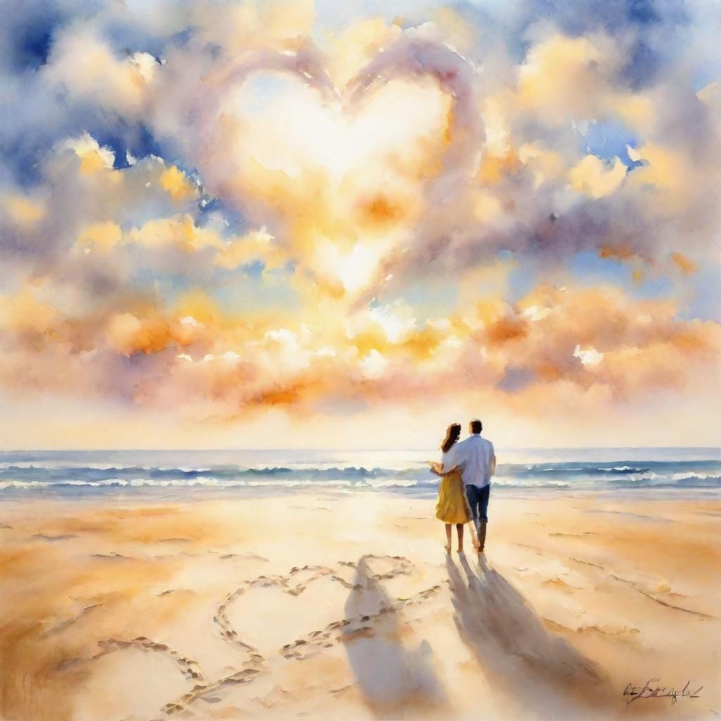 Romantic Beach Scene with Heart in Watercolor Style