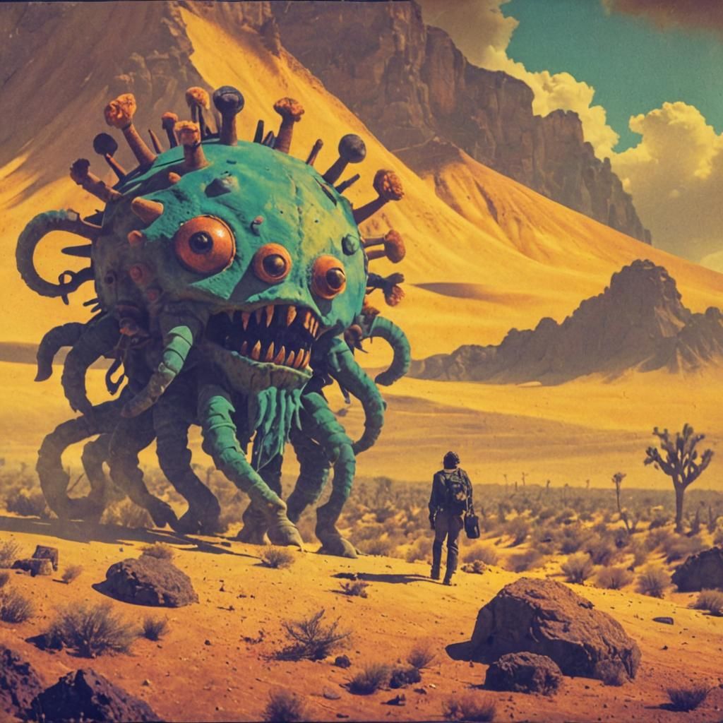 Retro Polaroid of Monster in Desert with Nomads