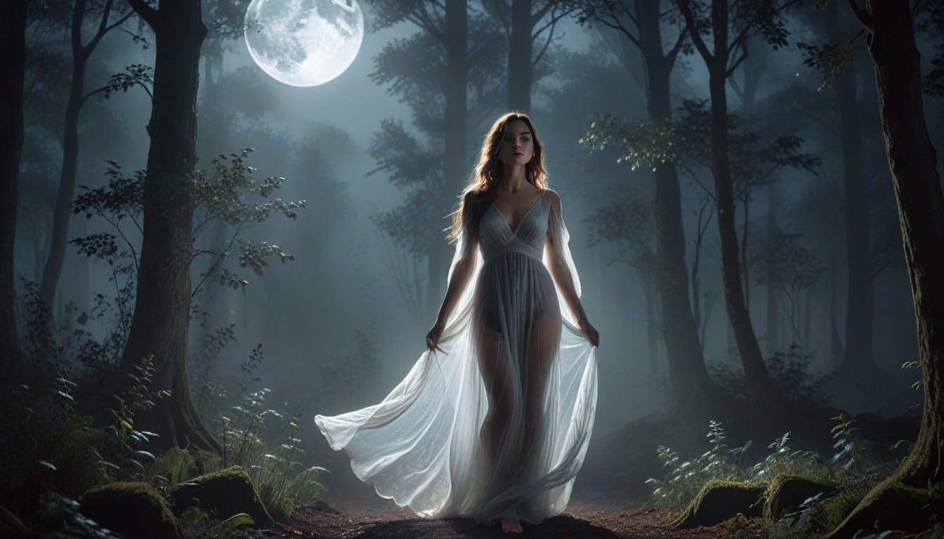 A woman in a flowing sheer nightgown, backlit by a large ful...