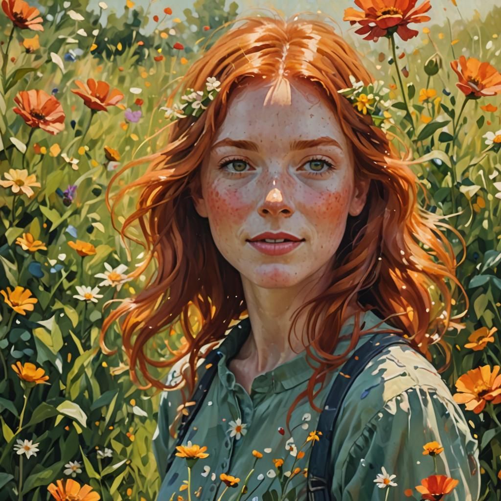Redhead Girl in Flower Field: Impressionist Oil Painting
