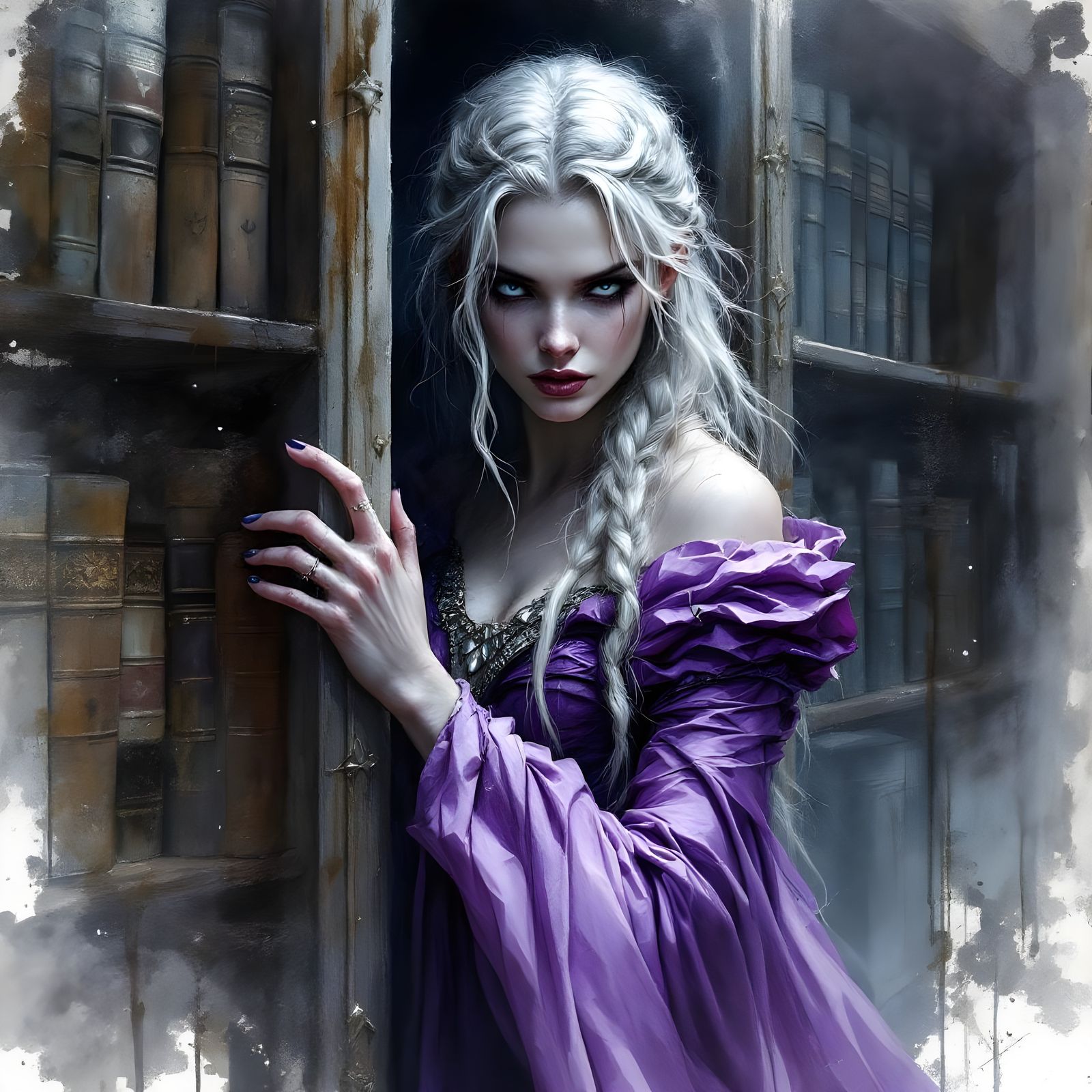 Norse Goddess in Shadowy Library: Watercolor Portrait