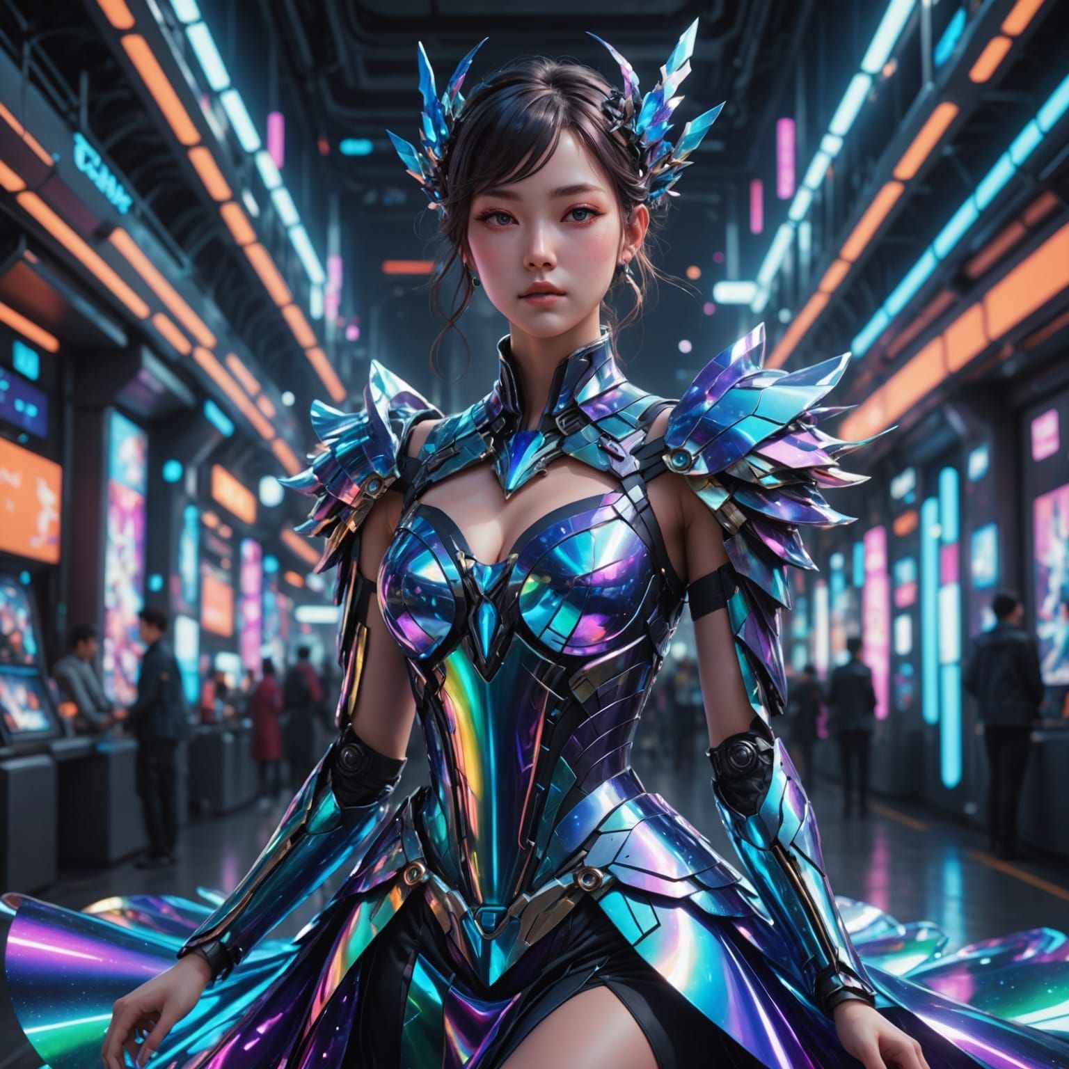 Goddess of Futuristic Dreams in Iridescent Gown