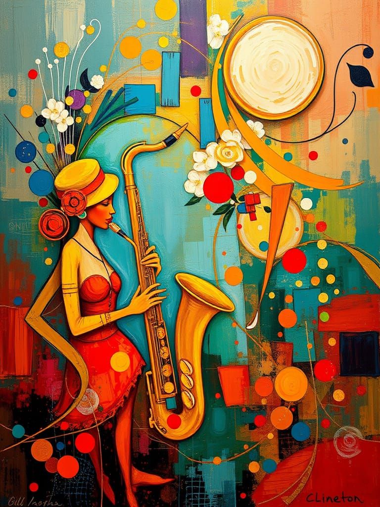 Abstract Jazz Music Art with Saxophone in Warm Colors