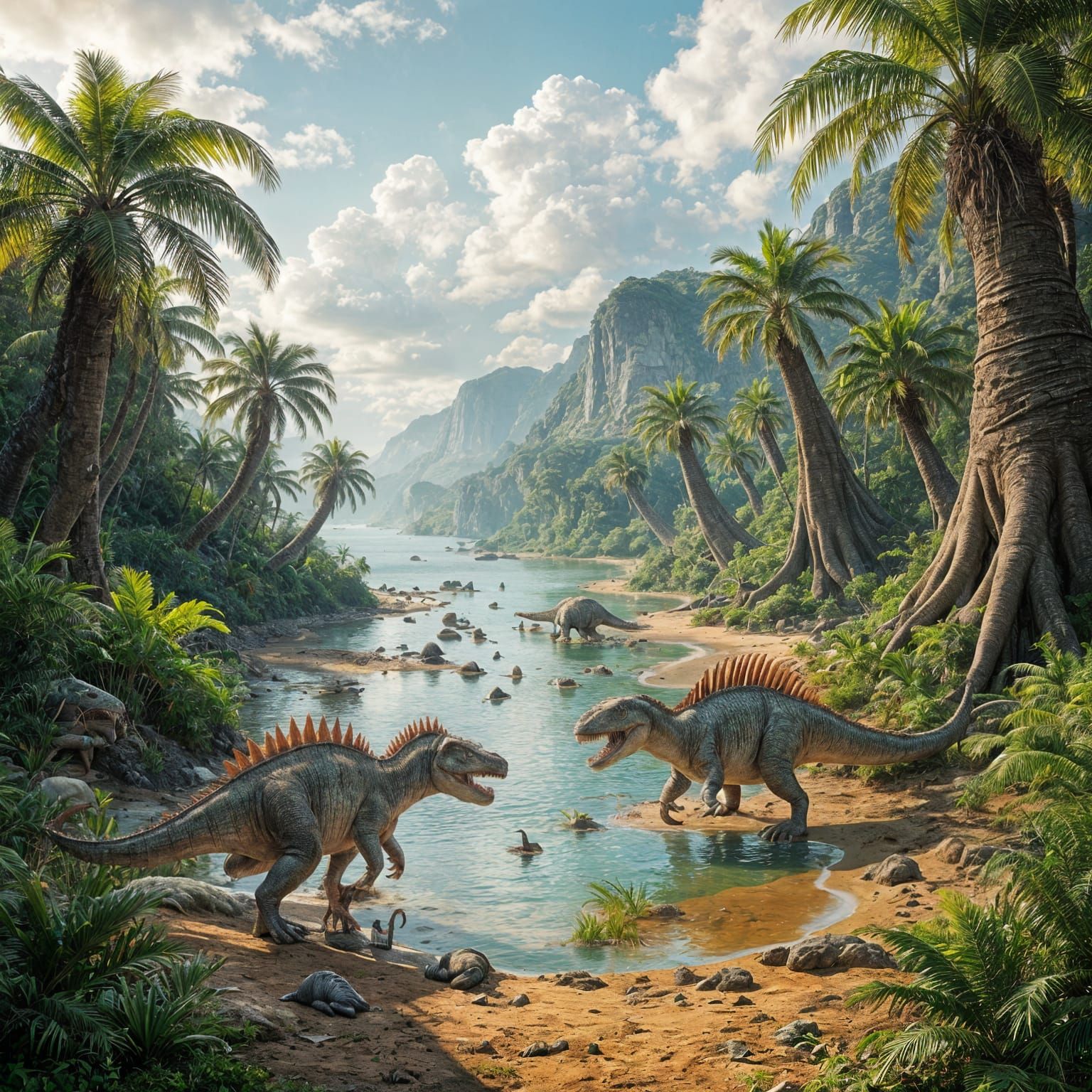 Jurassic Coastline with Allosaurus in Painterly Style