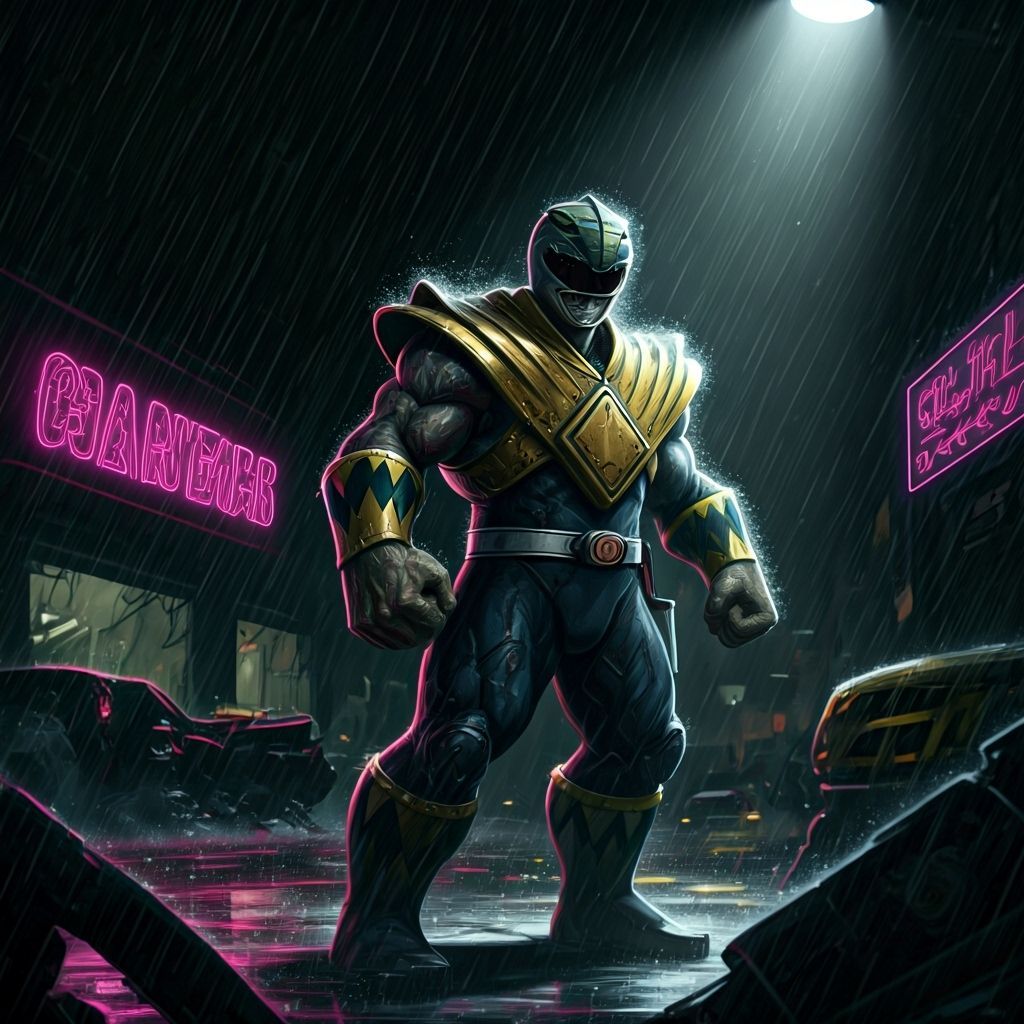 Distorted Power Ranger in Chaotic Cityscape