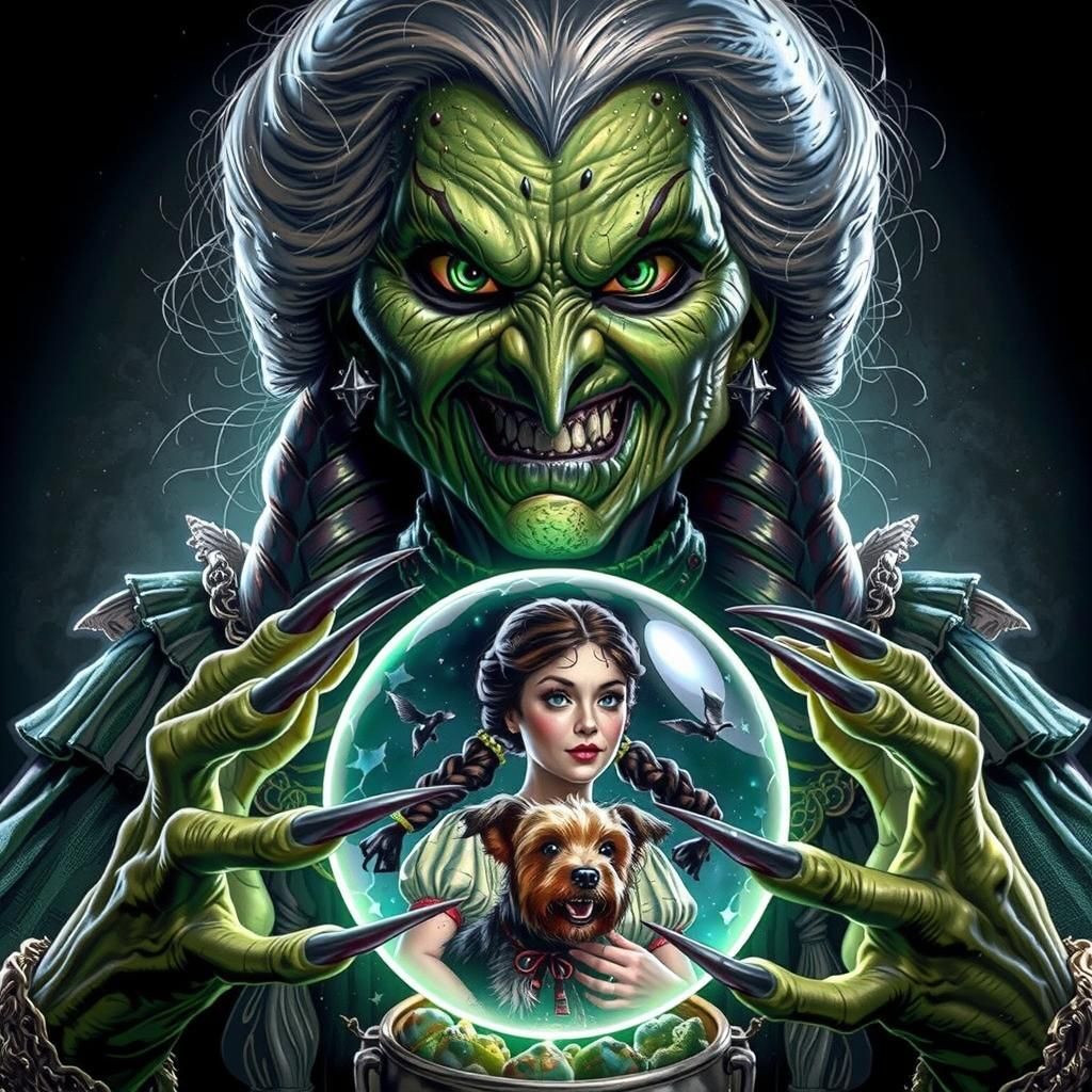 Grotesque Witch with Crystal Ball Reflecting Dorothy