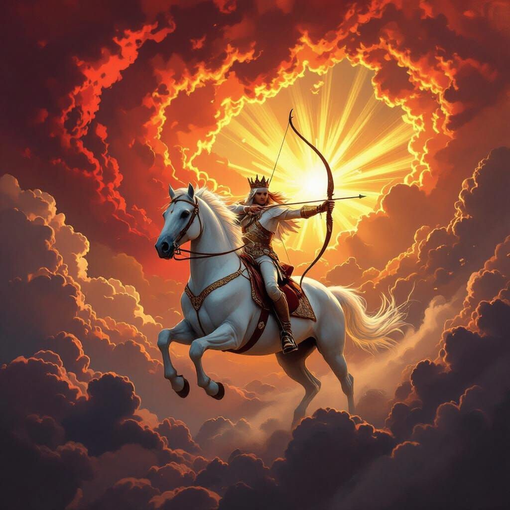 Conquering Rider on White Horse Under Crimson Sky