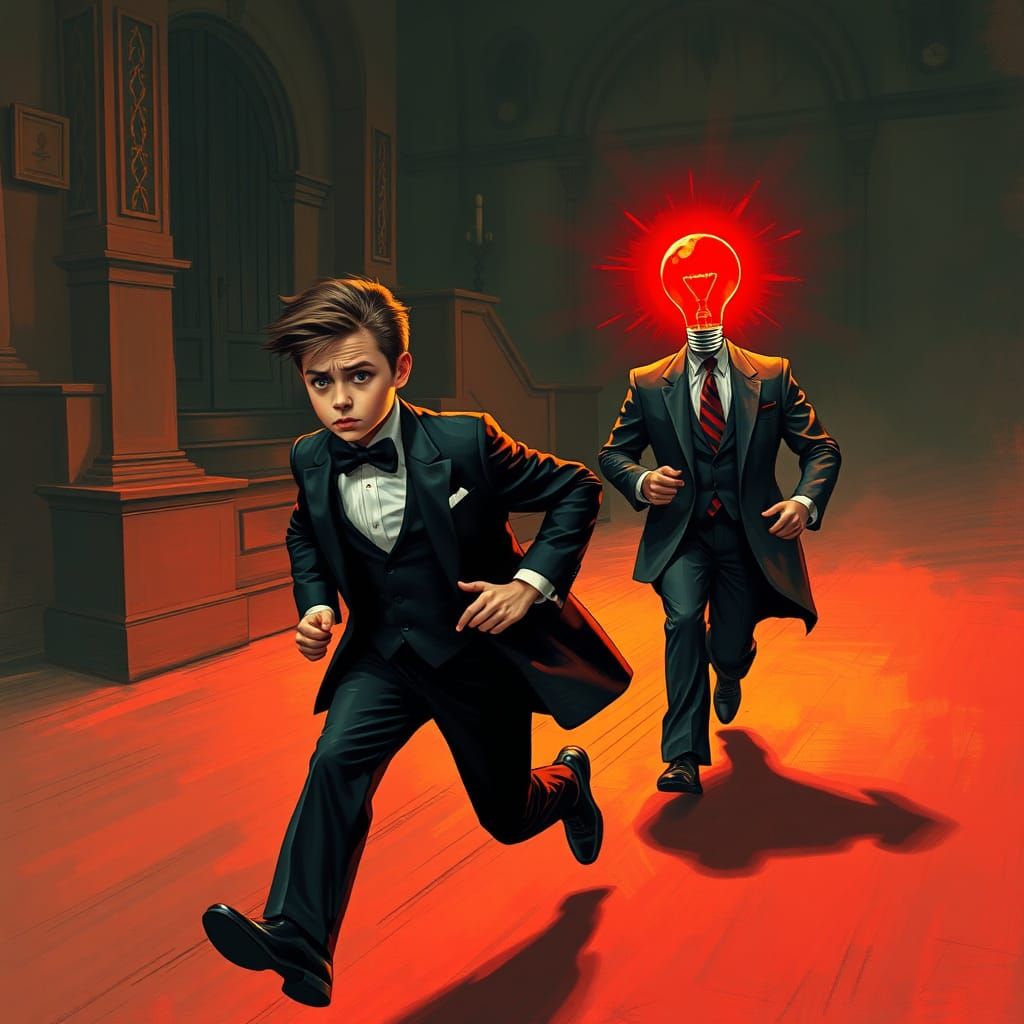 Rich Kid Escape: Surreal Chase Scene with Lightbulb Head