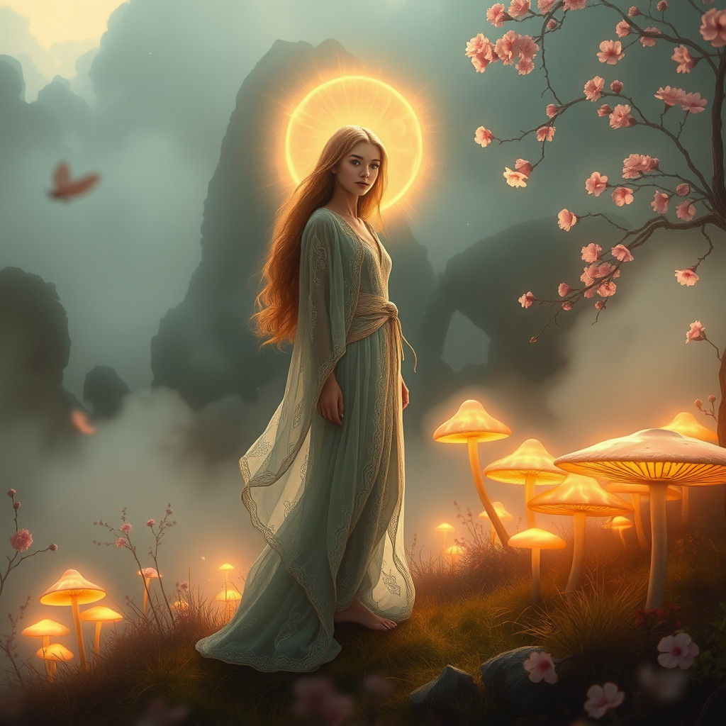 Mystical Maiden in Ethereal Dreamscape as Manga Art