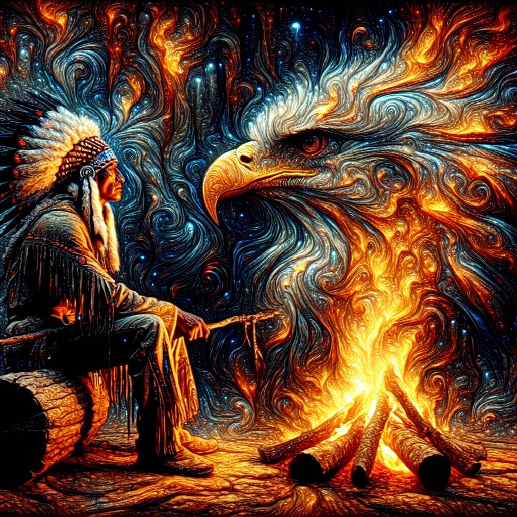 Native American Chief Consults Eagle Spirit as Alcohol Ink A...