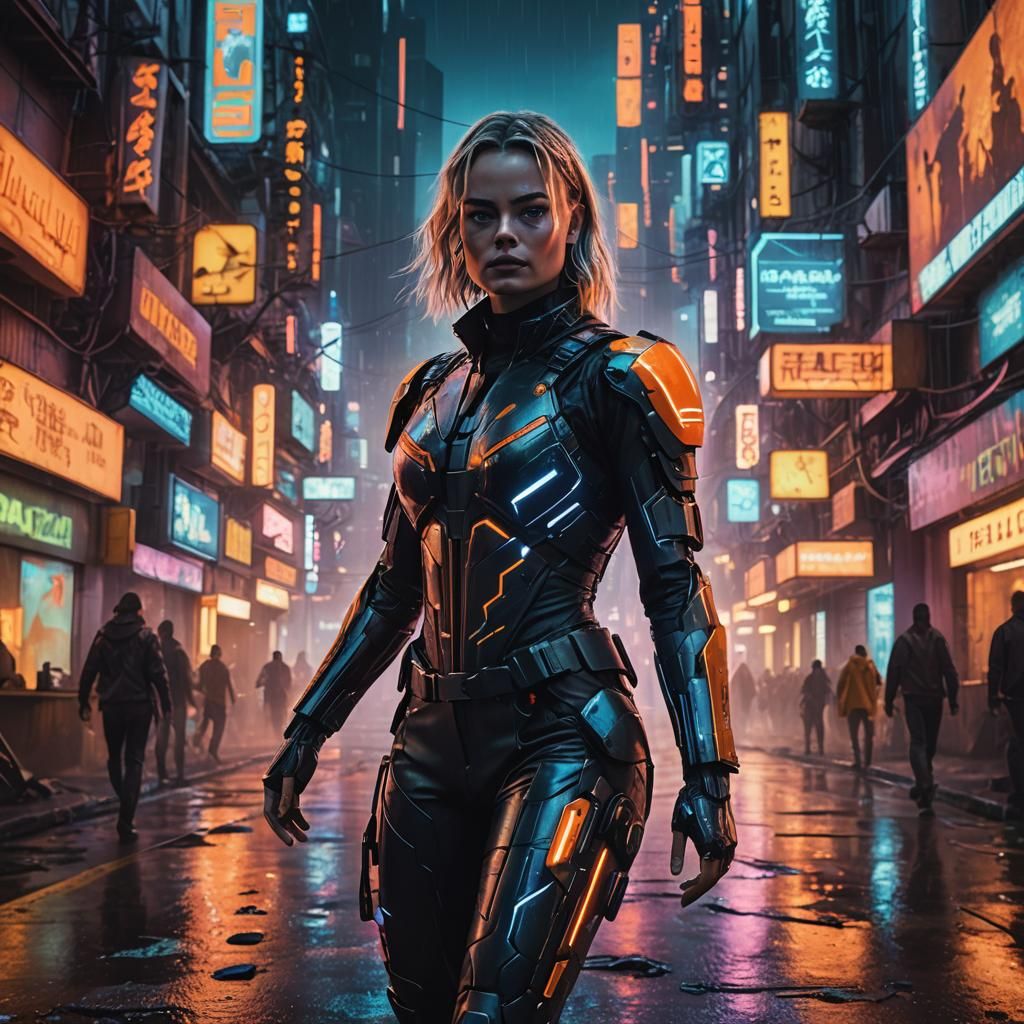 Margot Robbie as Cyberpunk Warrior in Neon Cityscape