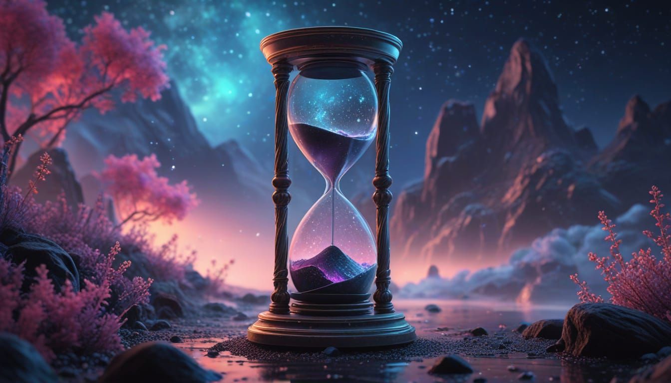 Ethereal Cosmic Hourglass in Vibrant, High-Contrast Lighting