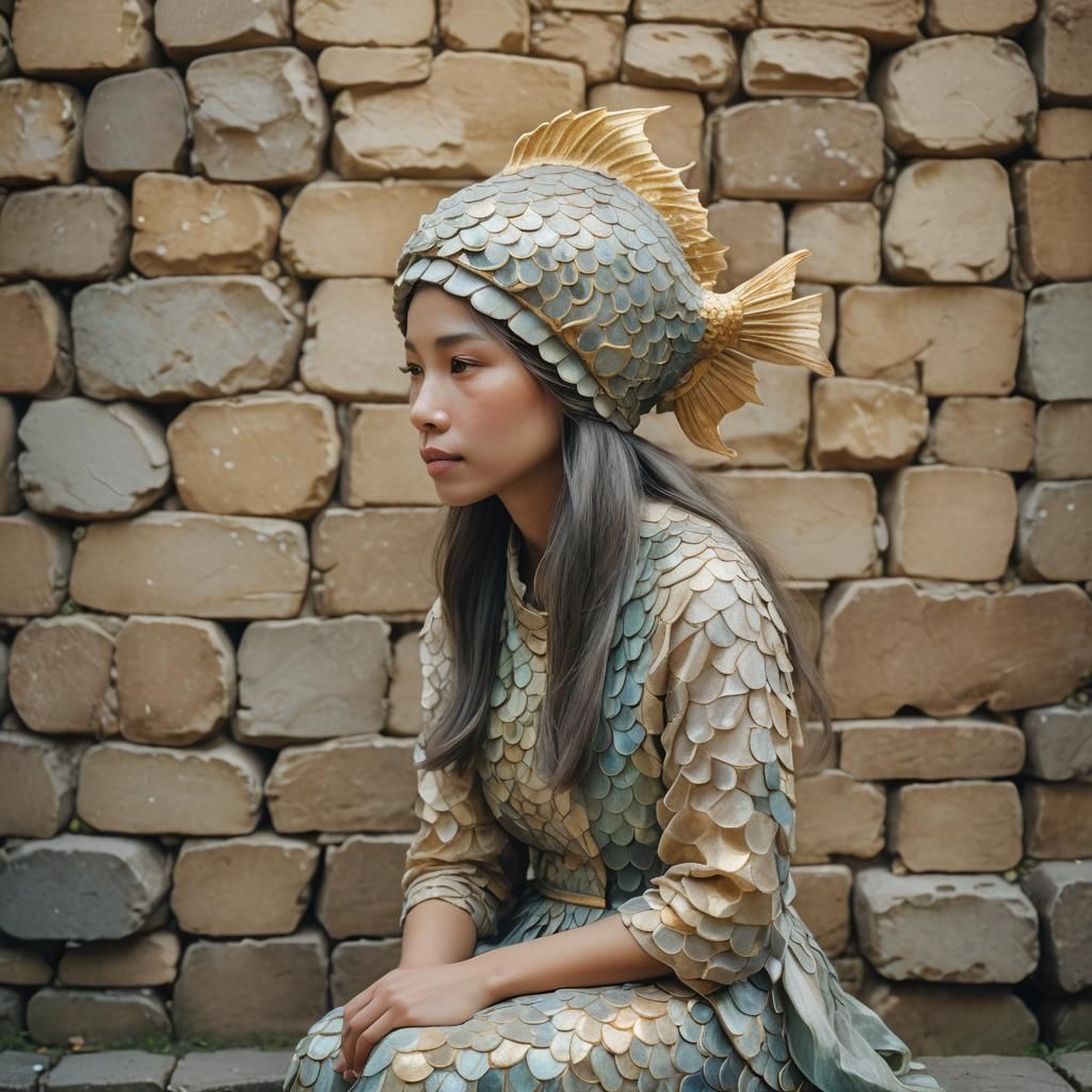 Anthropomorphic Fish Woman in Pastel Dream Art Style