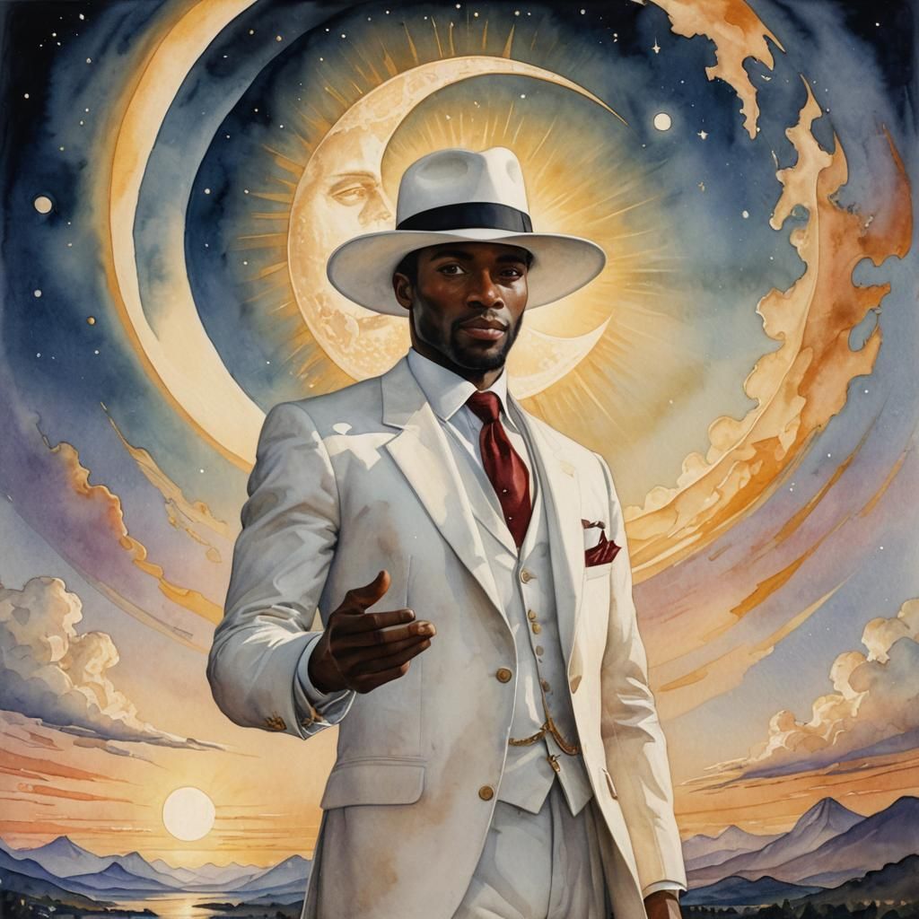 Dapper Gentleman Balances Sun and Moon in Watercolor