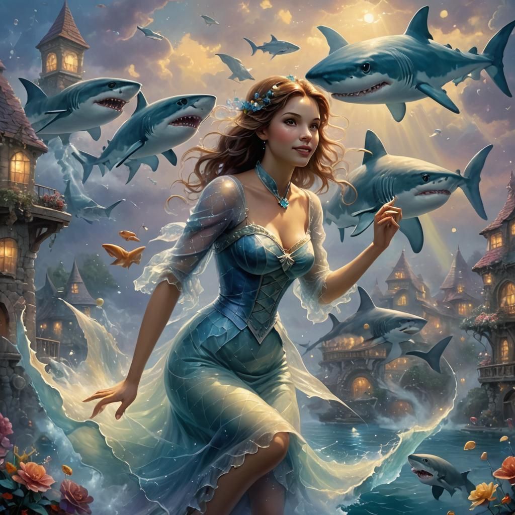 Ethereal Shark Woman in Fantasy Landscape
