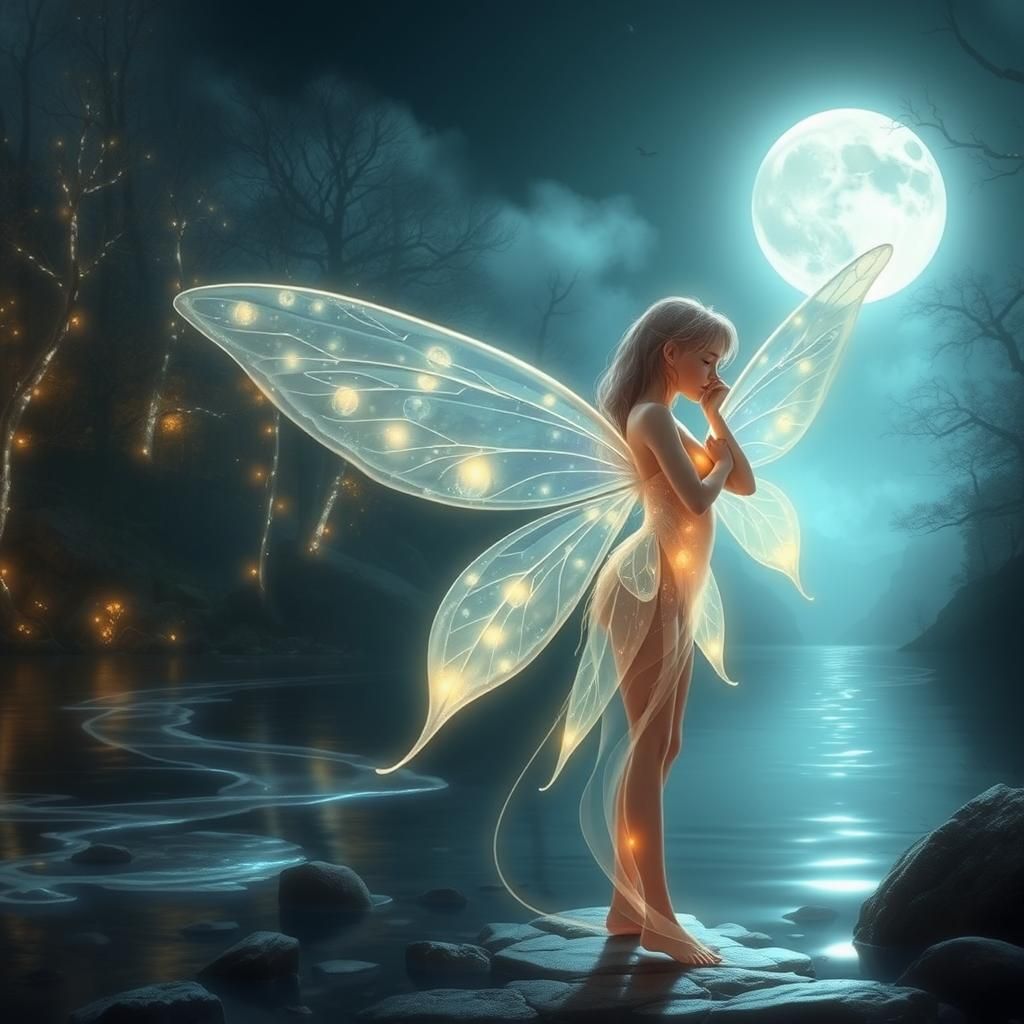Ethereal Fairy in Moonlit Bioluminescent Forest