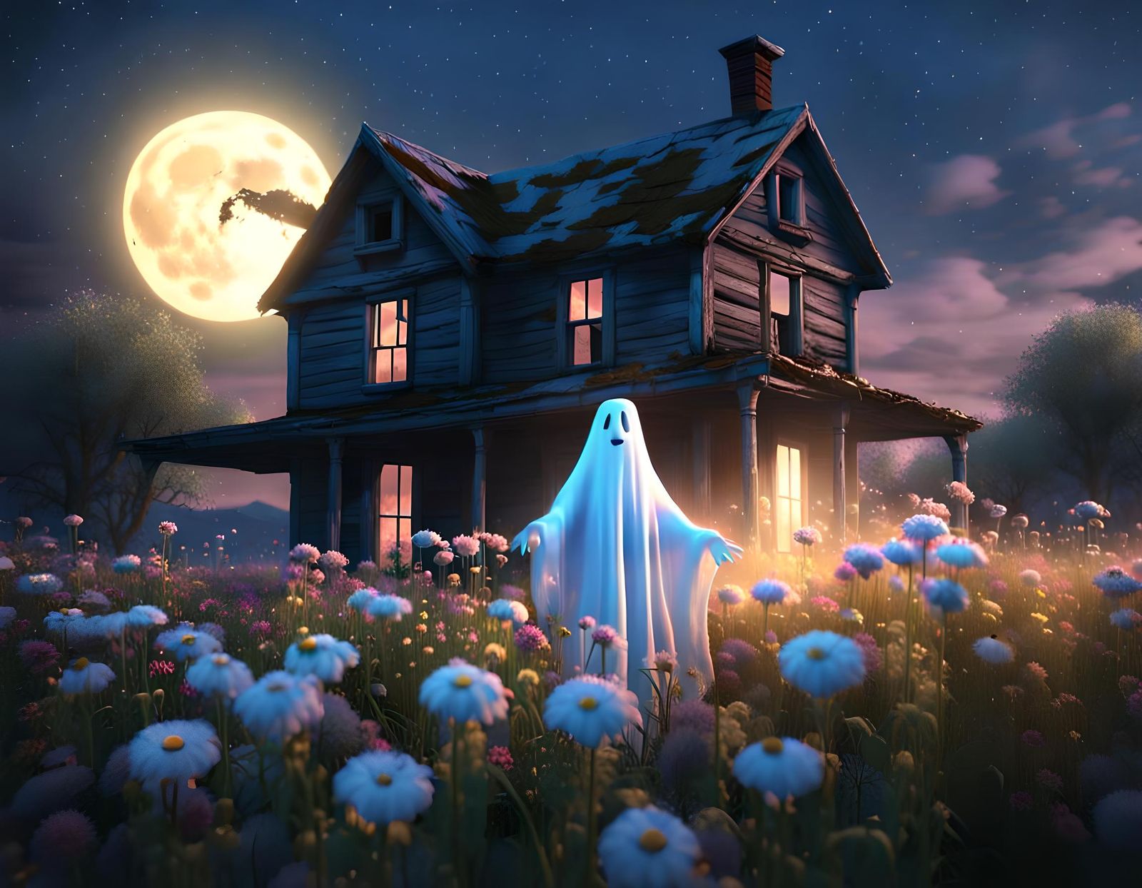 Friendly Ghost in Abandoned House: 3D Render