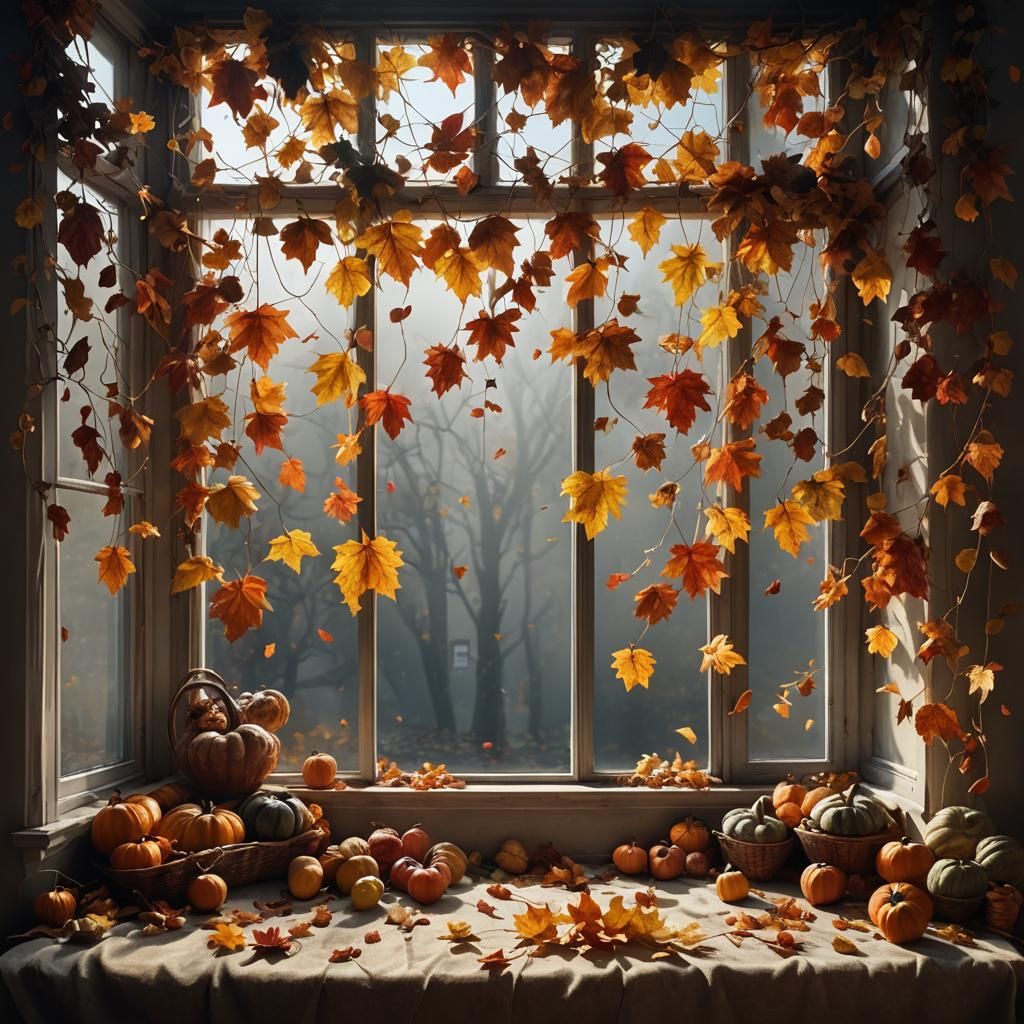 Hyperrealistic Autumn Leaves in Window, Photography Style