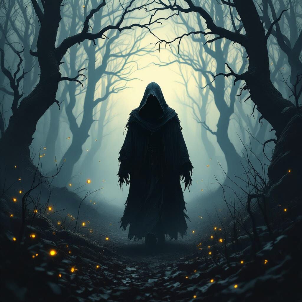 Hooded Figure in Twilight Forest, Dark Fantasy Art