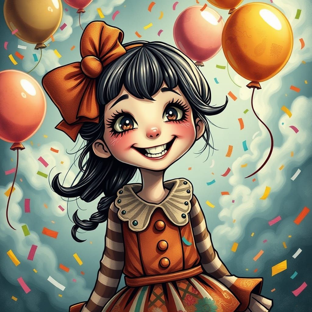 Whimsical Cartoon Girl in Dark Fantasy Style