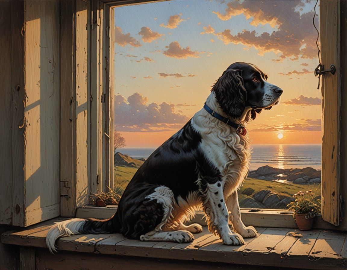 Springer Spaniel at Sunrise, Oil Painting