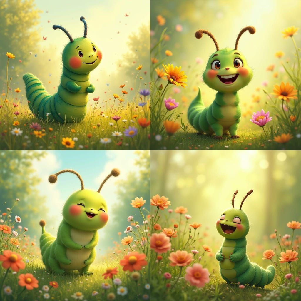 Joyful Caterpillar in Meadow, Impressionist Style