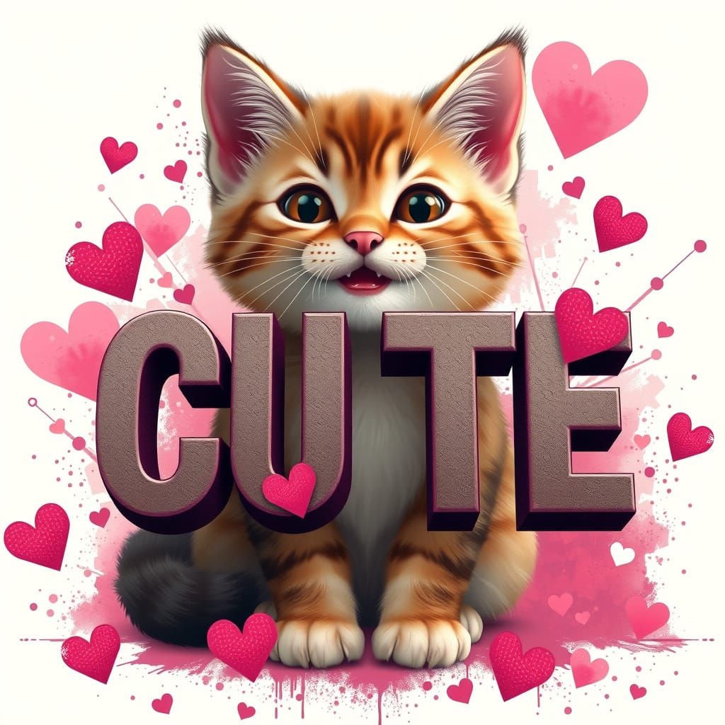 Text that says "CUTE"  made from ANTIQUE GRUNGE font. Realistic, 3d rendered vector art. Triple-bold font. Dark, triple-...