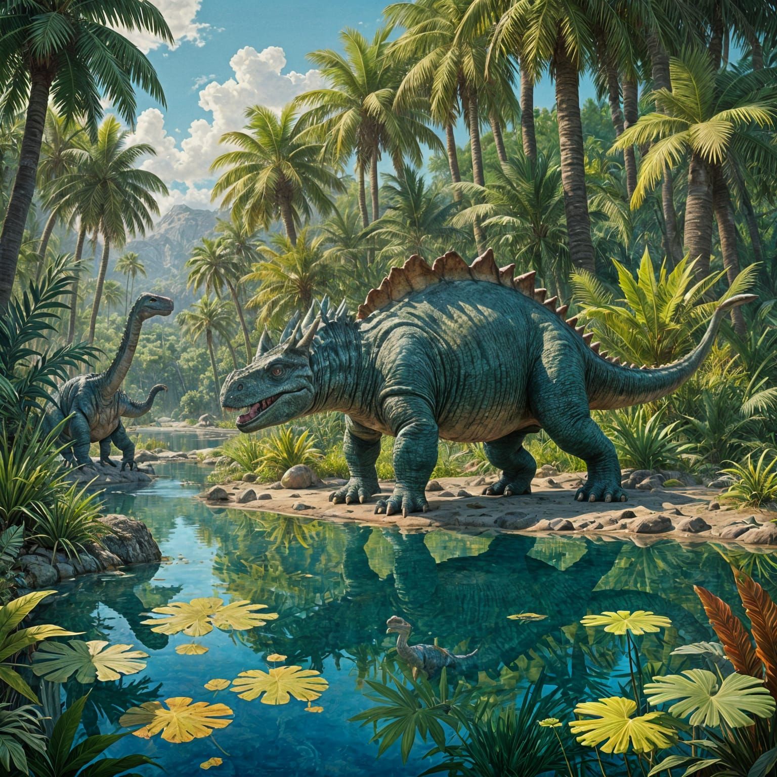 Stegosaurus and Allosaurus in Gouache Style