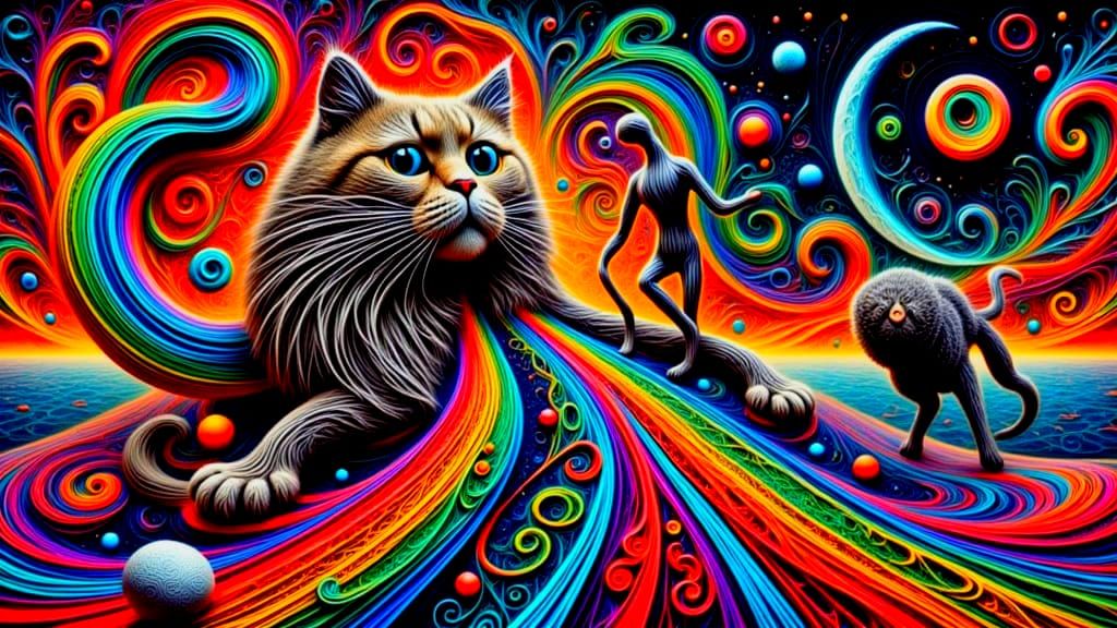 Whimsical Zentangle Cat Meets Slenderman in Dreamlike Encoun...