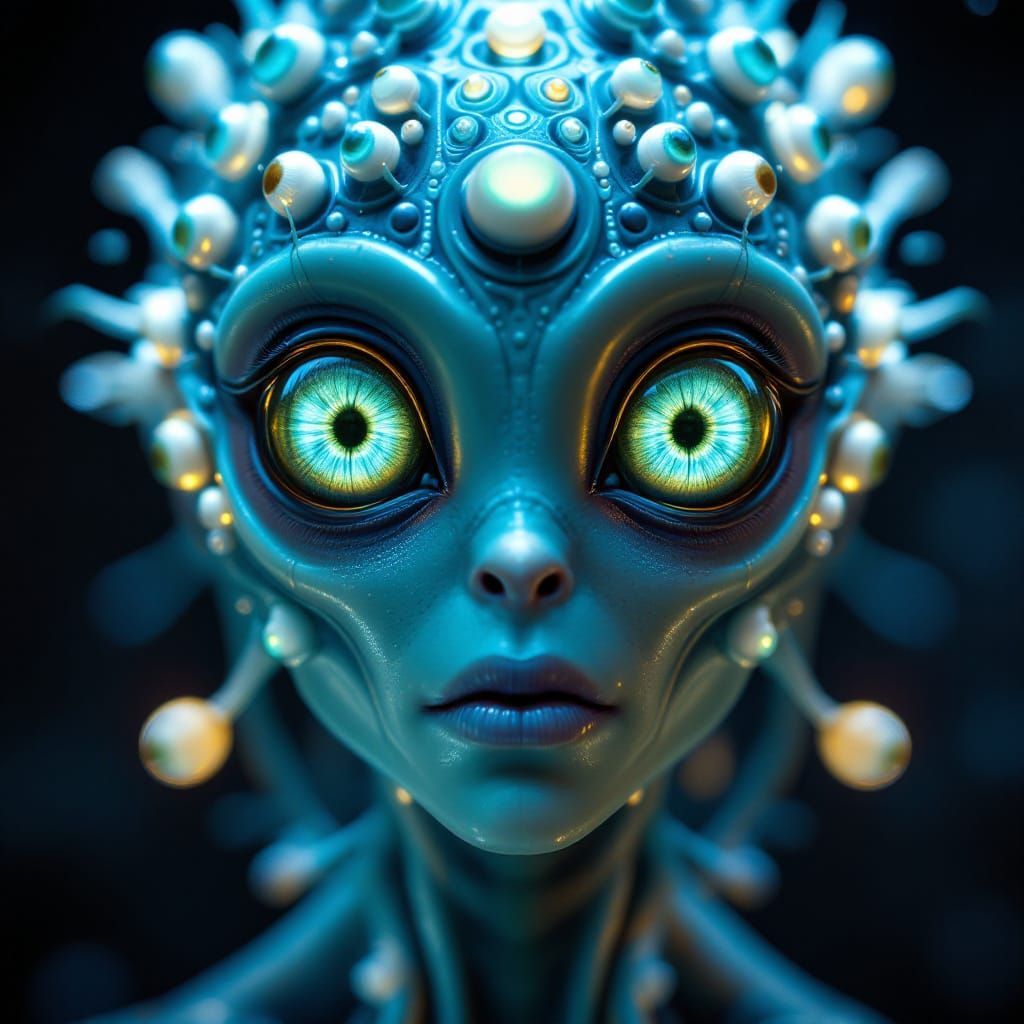 Hyperrealistic Alien Portrait with Many Eyes in Dramatic Lig...
