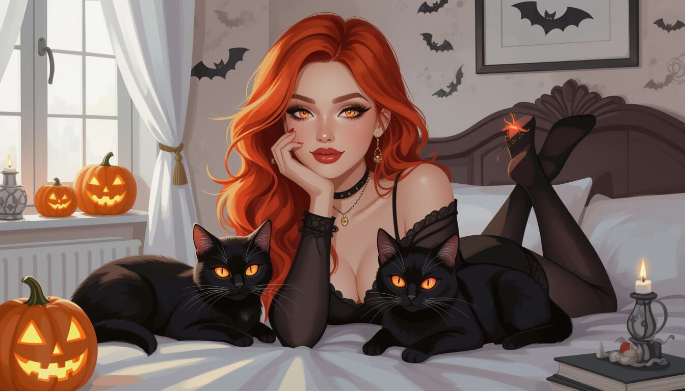 Redheaded Woman with Black Cats in Cozy Boudoir