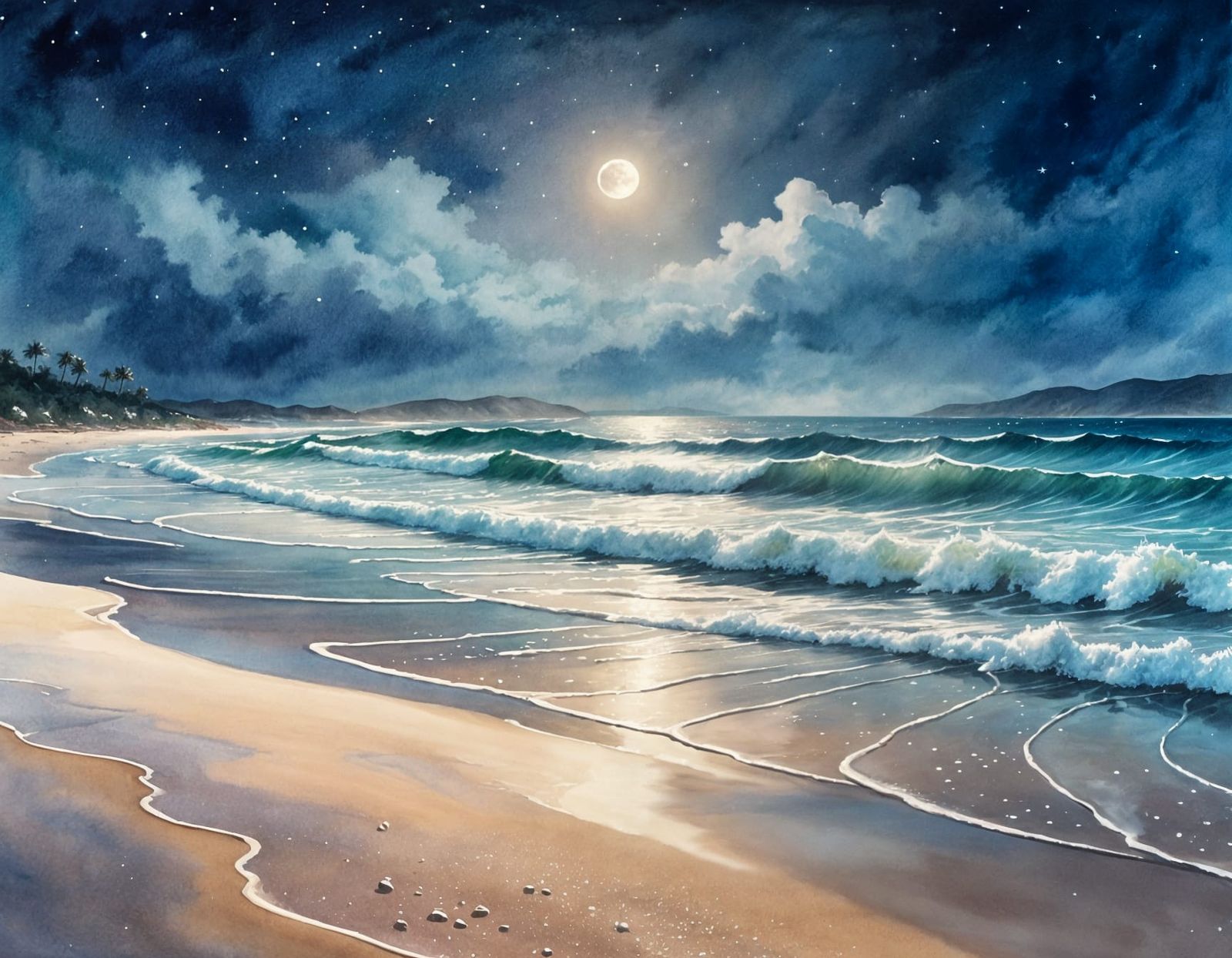 Moonlit Beach Concept Art in Watercolor Style