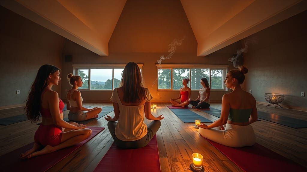 Tranquil Meditation Circle: Women in Colorful Yoga Gear