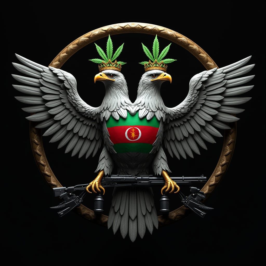 Epic Grey Two-Headed Eagle in Regal Attire with Marijuana Le...
