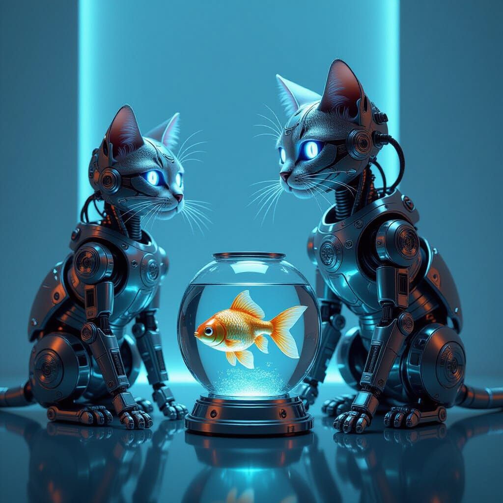 Cybernetic Cat and Steampunk Goldfish in Sci-Fi Noir