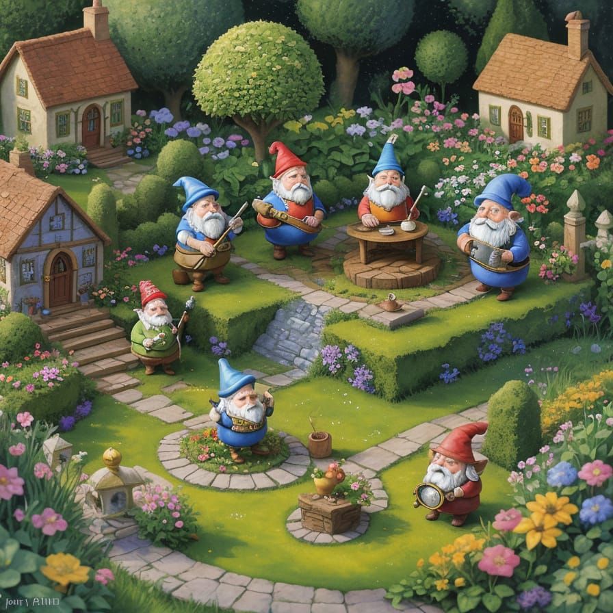 Gnome Council Debates Lawn Mowing as Watercolor Illustration
