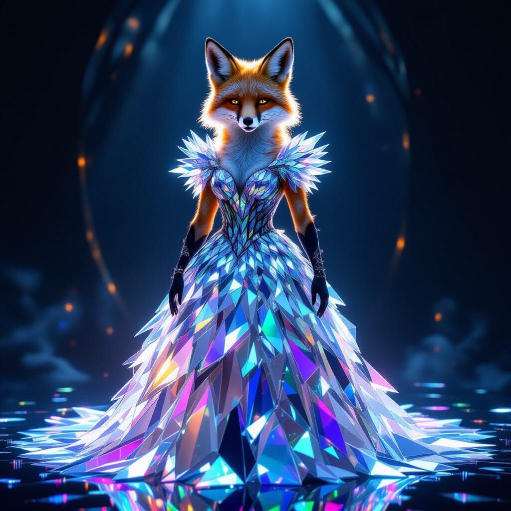 Anthropomorphic Fox in Shimmering Glass Dress