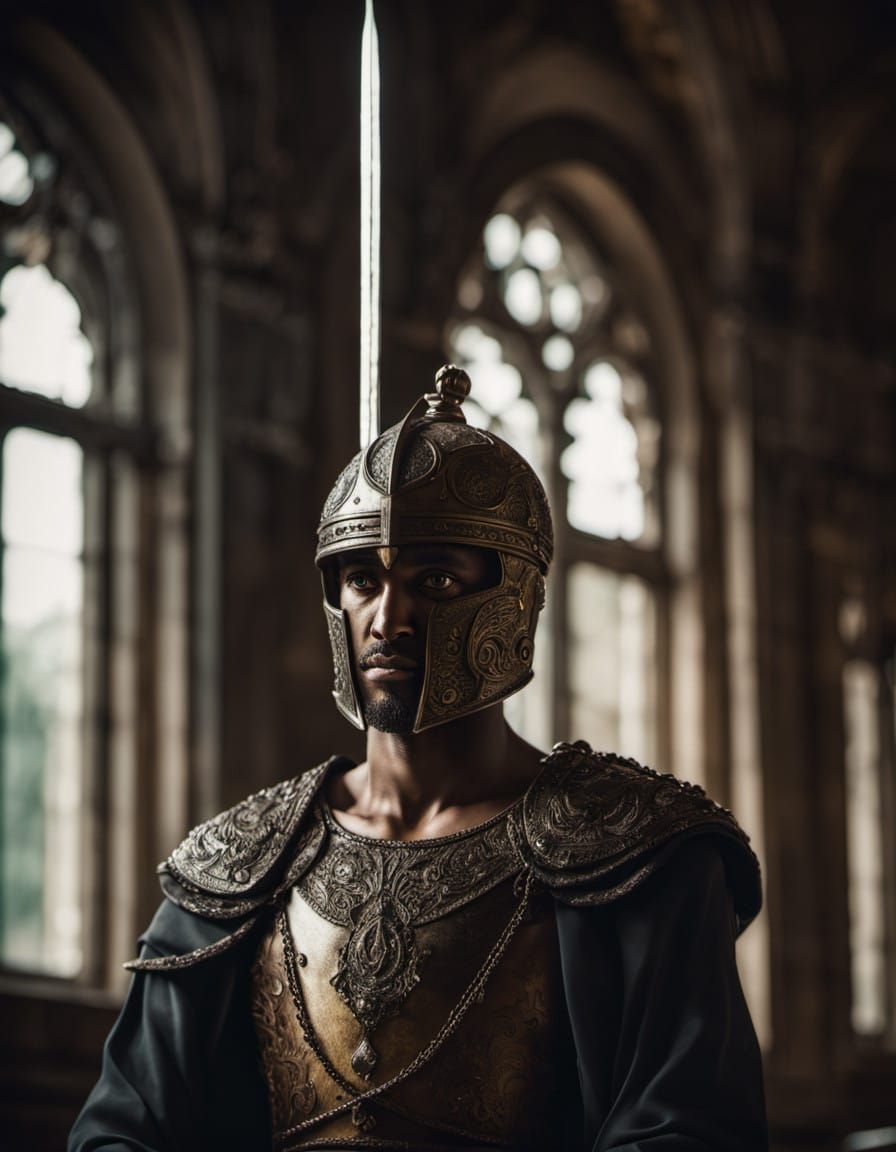 Damocles wearing a helmet with a sword hanging over his head