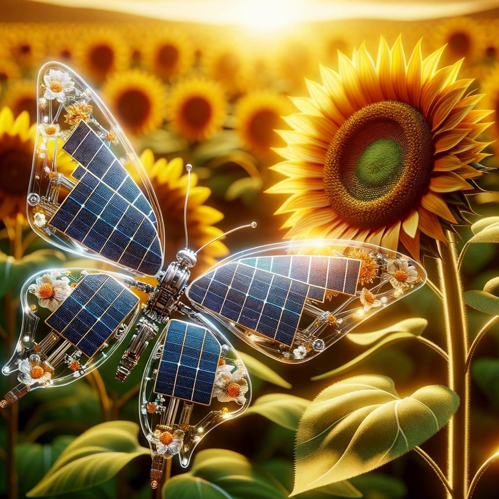 Robotic Butterfly with Solar Panel Wings Near Sunflower