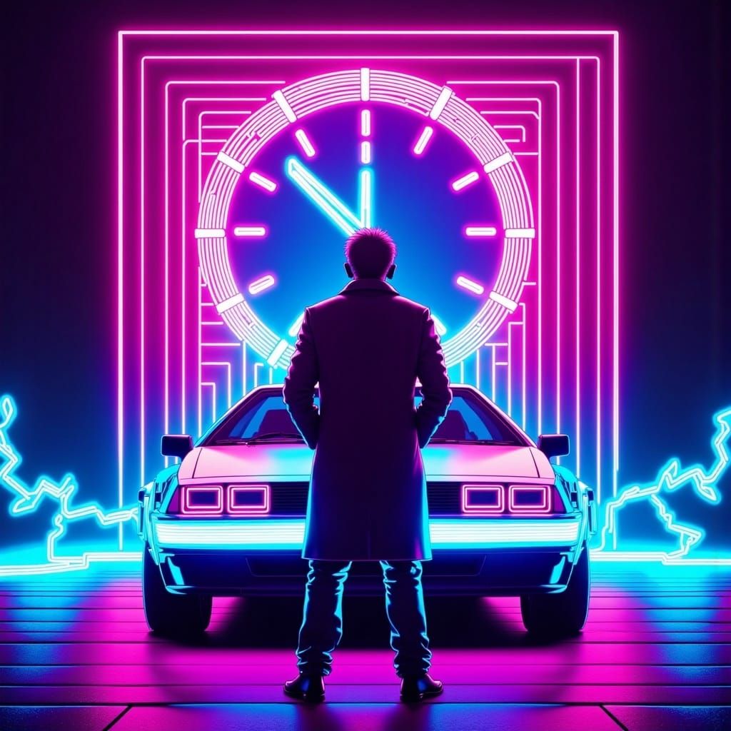 Doc Brown and Digital Clock in Synthwave Style
