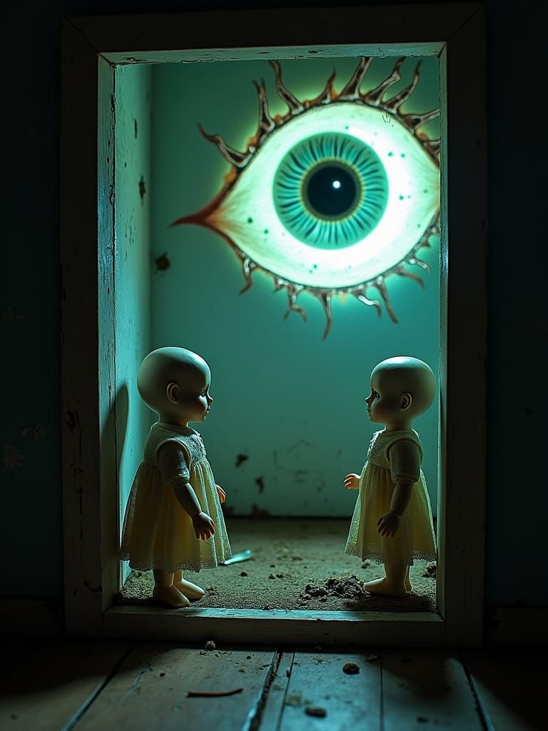 Hyperrealistic Eyeball Peering into Abandoned Dollhouse