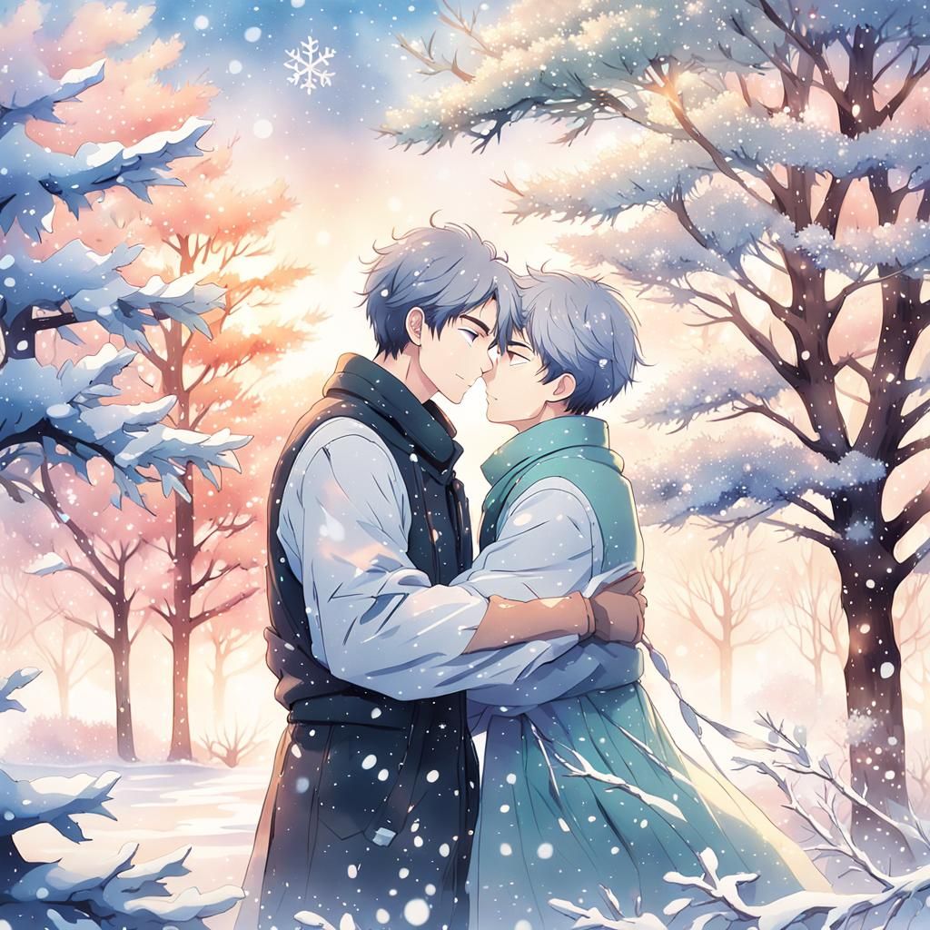 Romantic Winter Embrace in Watercolor Anime Style